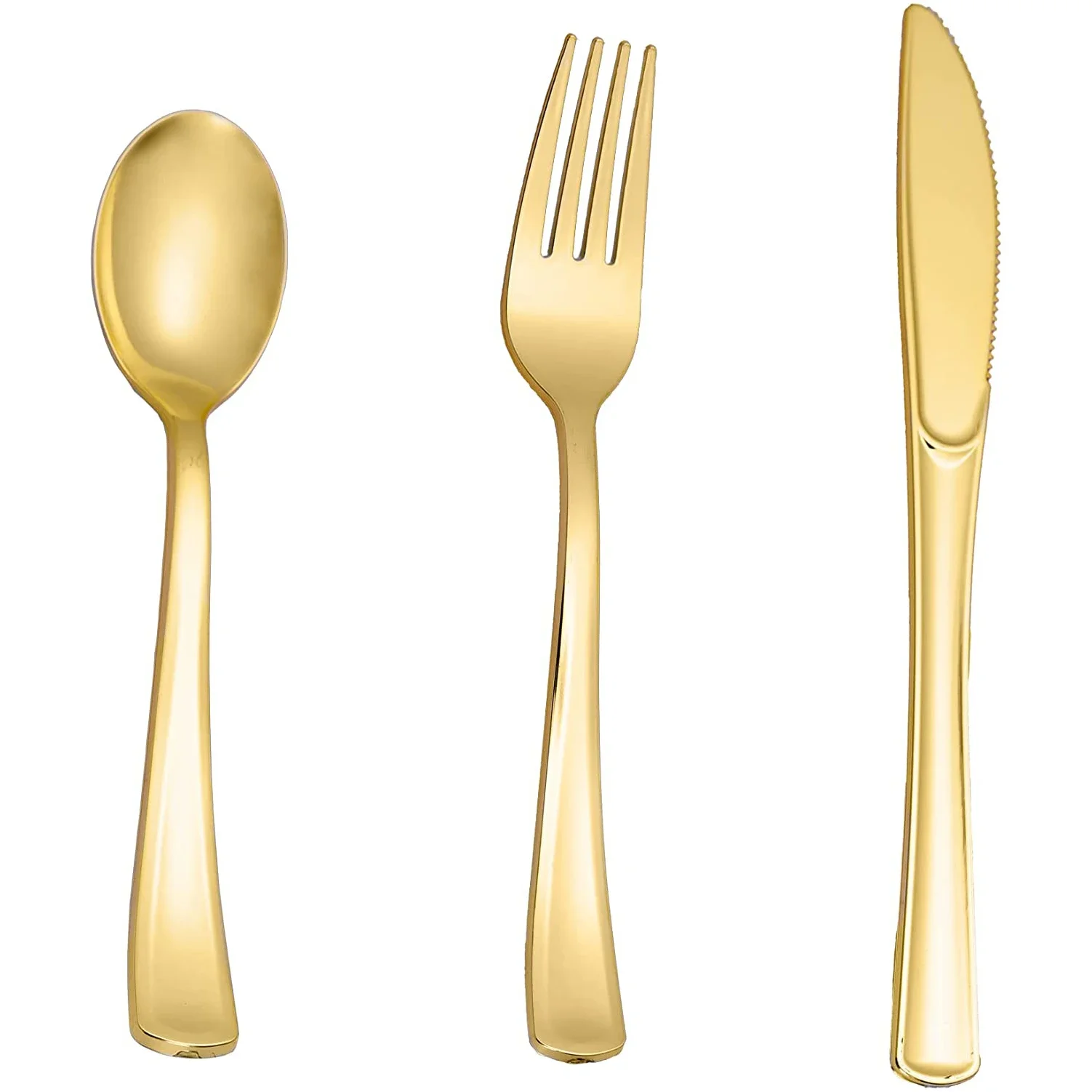 Juego de cubiertos de plástico dorado para fiestas, cubiertos de plástico pesado, incluye 25 tenedores, 25 cucharas, 25 cuchillos, 75 piezas