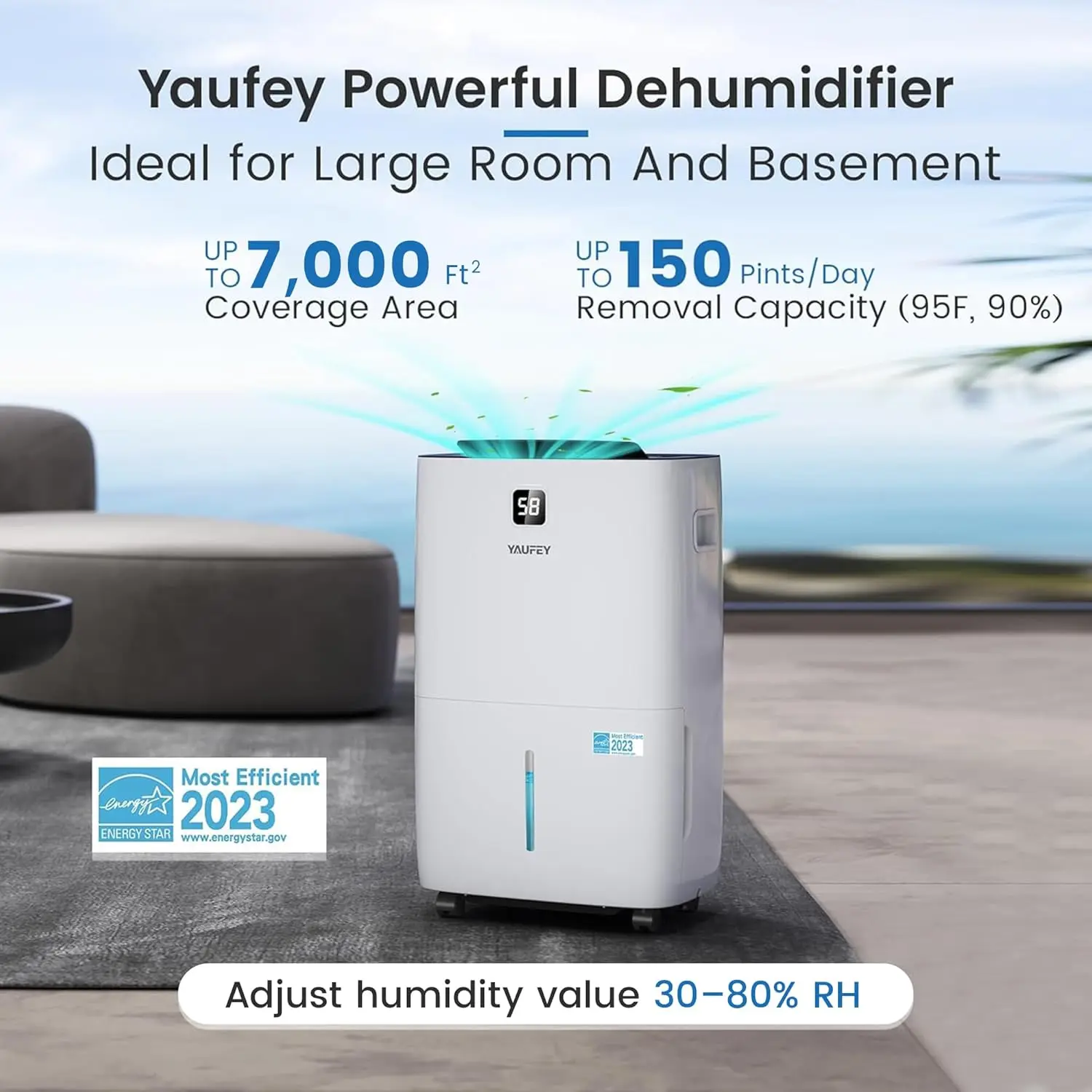 Dehumidifier for Home, Basement and Large Room up to 7000 Sq. Ft., with Drain Hose, Timer, Intellig