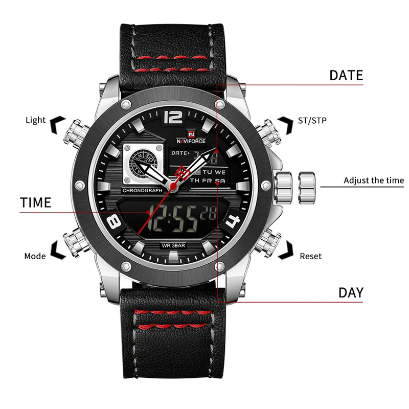 Luxury Brand NAVIFORCE Quartz Dual Display Casual Male Wristwatch Genuine Leather Band Waterproof  Men Fashion Chronograph Clock