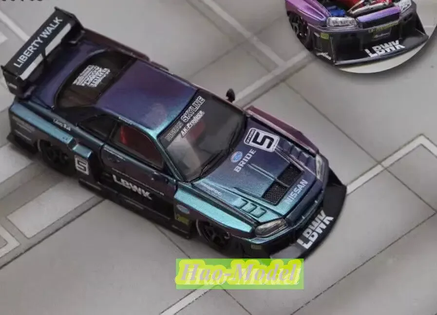 1/64 untuk Nissan LB GTR ER34 SW Model mobil logam campuran Diecast mainan anak laki-laki hadiah ulang tahun hobi tampilan ornamen ungu