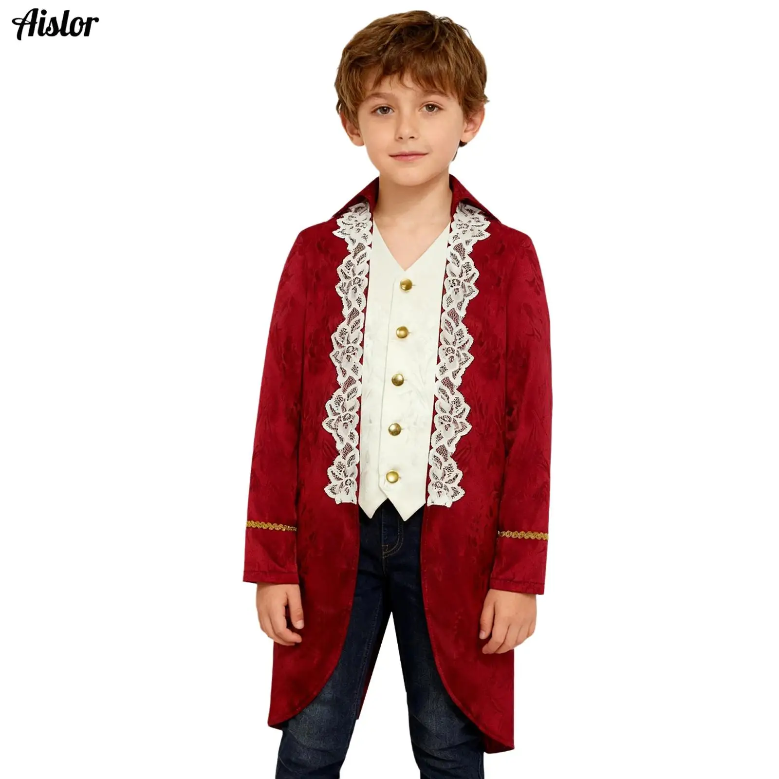 

Boys Medieval Victorian Tailcoat Steampunk Gothic Uniform Long Sleeves Gold Trimming Fake 2 in 1 Jacket Coat Halloween Costume