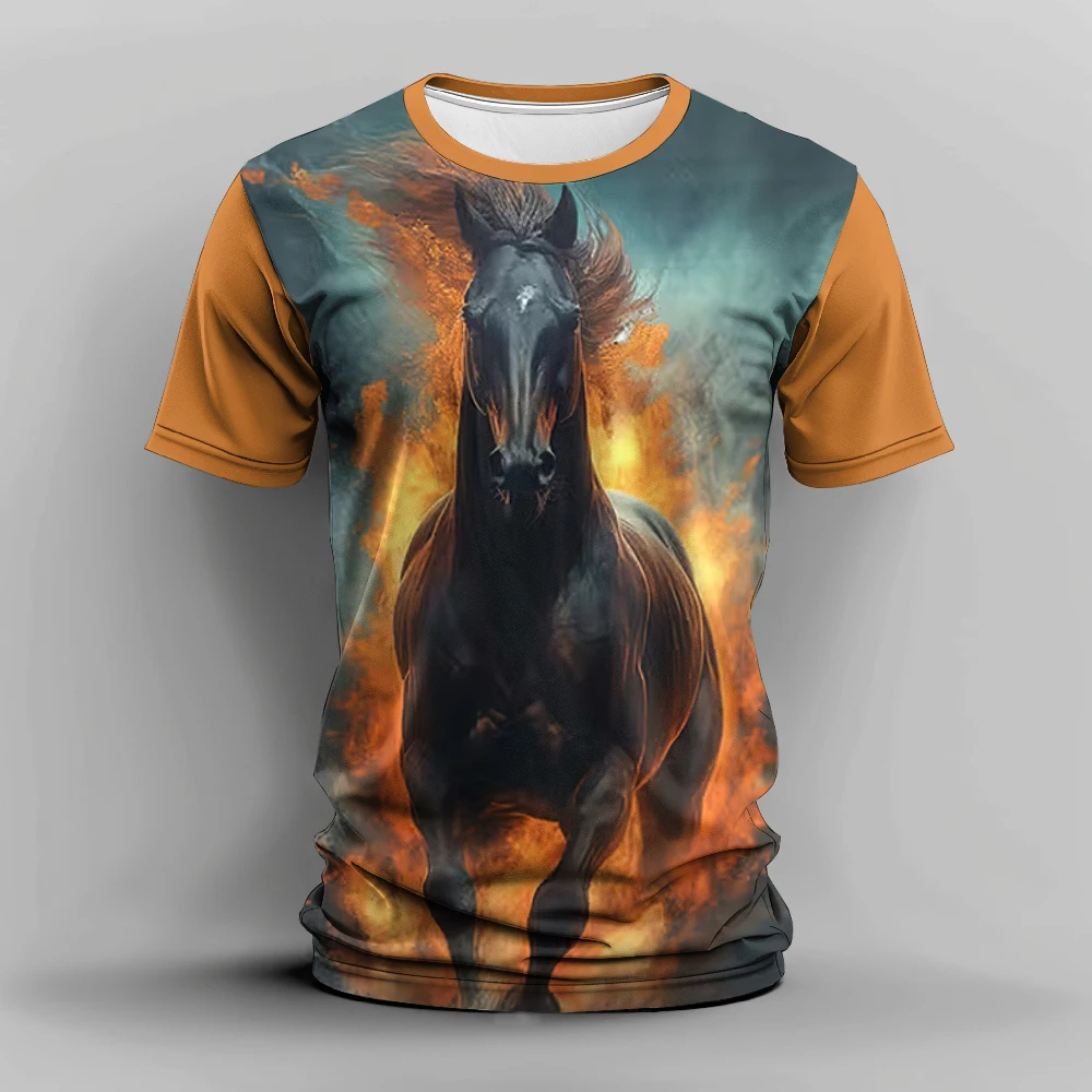 Summer Men's 3D Horse Print T-Shirt Casual Crew Neck Short Sleeve Tee Oversized Clothing Animal T-Shirts Fashion