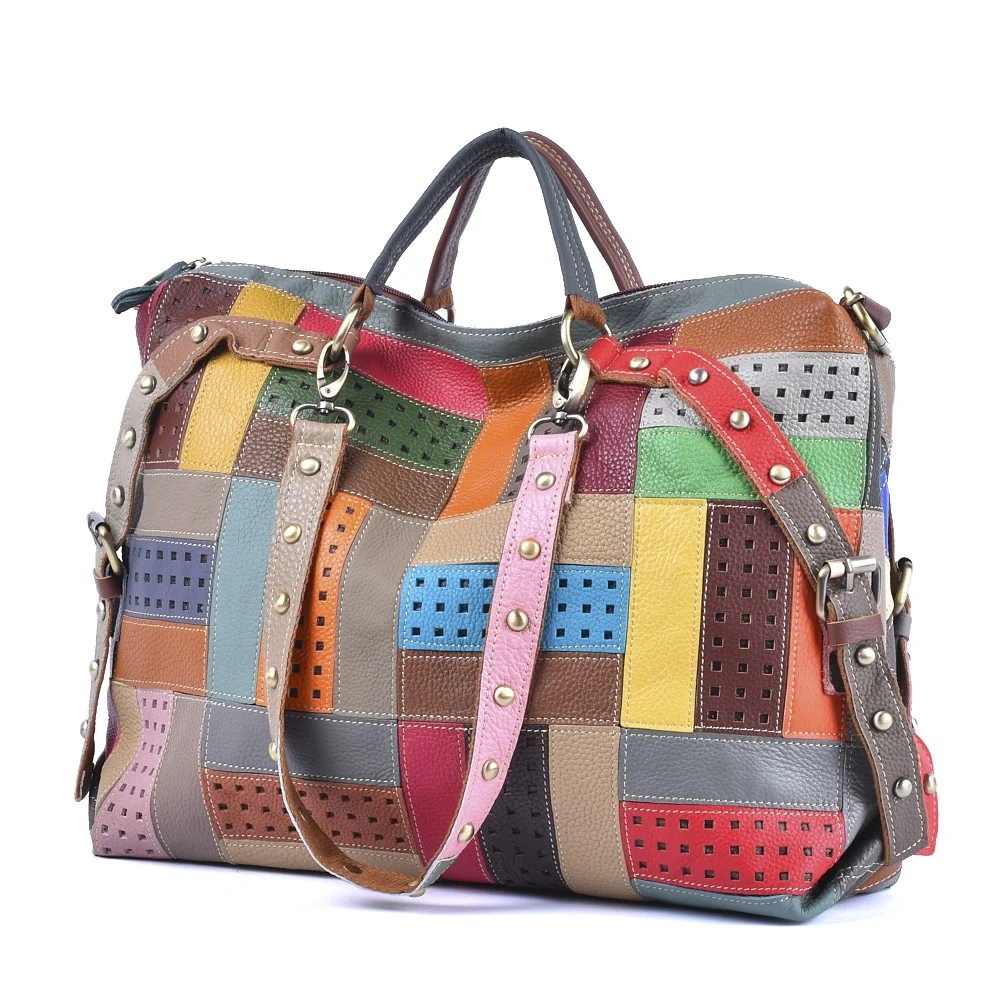 Colorful Stripe Pattern Clash Large Capacity Single Shoulder Crossbody Genuine Leather Cowhide Ladies Tote Bag