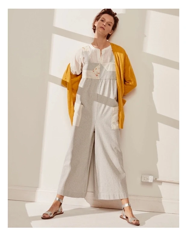 

Women's Cotton Overalls Stripe Floral Print Wide Leg Workwear Jumpsuit mid Waist Nine Points Pants Traditional Sle
