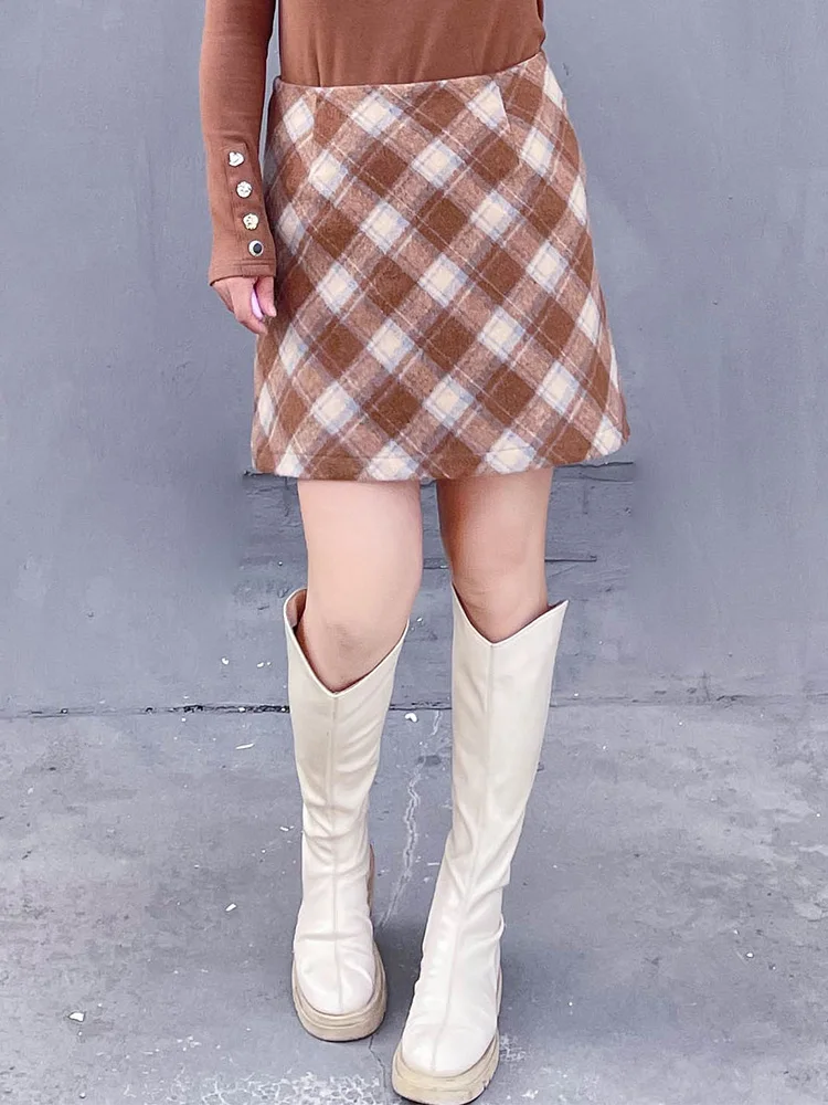 

Юбка А-силуэта из шерсти в клетку больших размеров, с завышенной талией, осенне-зимняя, новая, стройнящая, скрывающая живот, средней длины