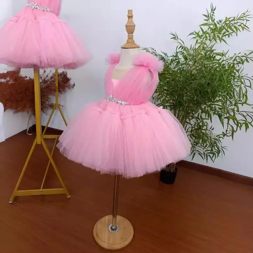 New Children\'s Host Catwalk Ball Gown Sleeveless Beading Design Wedding Birthday Baptism Party Girls Pink Dress A3703
