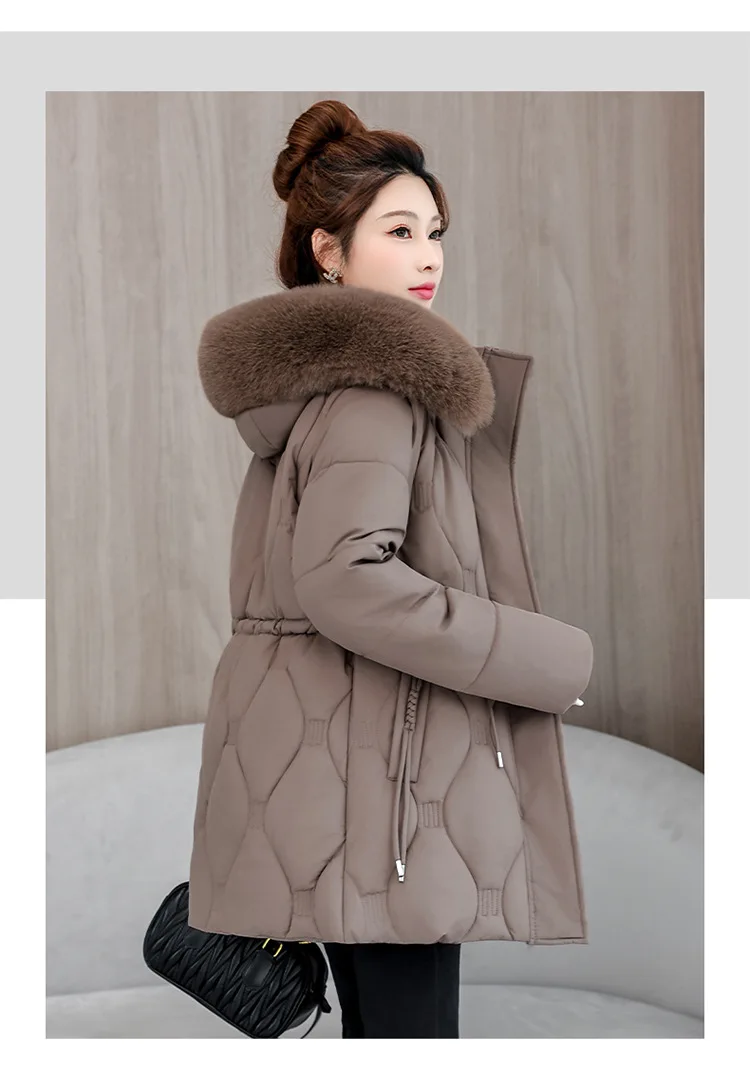 Simple Solid Color Large Fur Collar Hooded Removable Long-sleeved Down Cotton Jacket Women's 2025 Winter Thickened Warm Jacket
