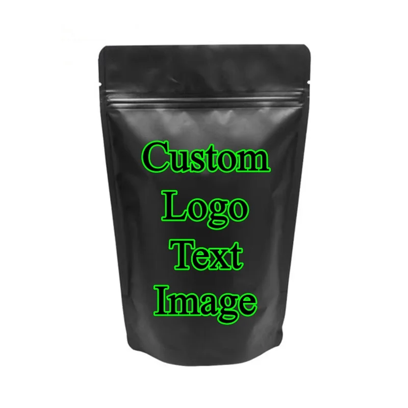 100PCS Stand-up Matte Black Aluminum Foil Ziplock Bag DIY Logo Matcha Tea Coffee Spice Snack Sugar Beaf Gifts Packaging Pouches