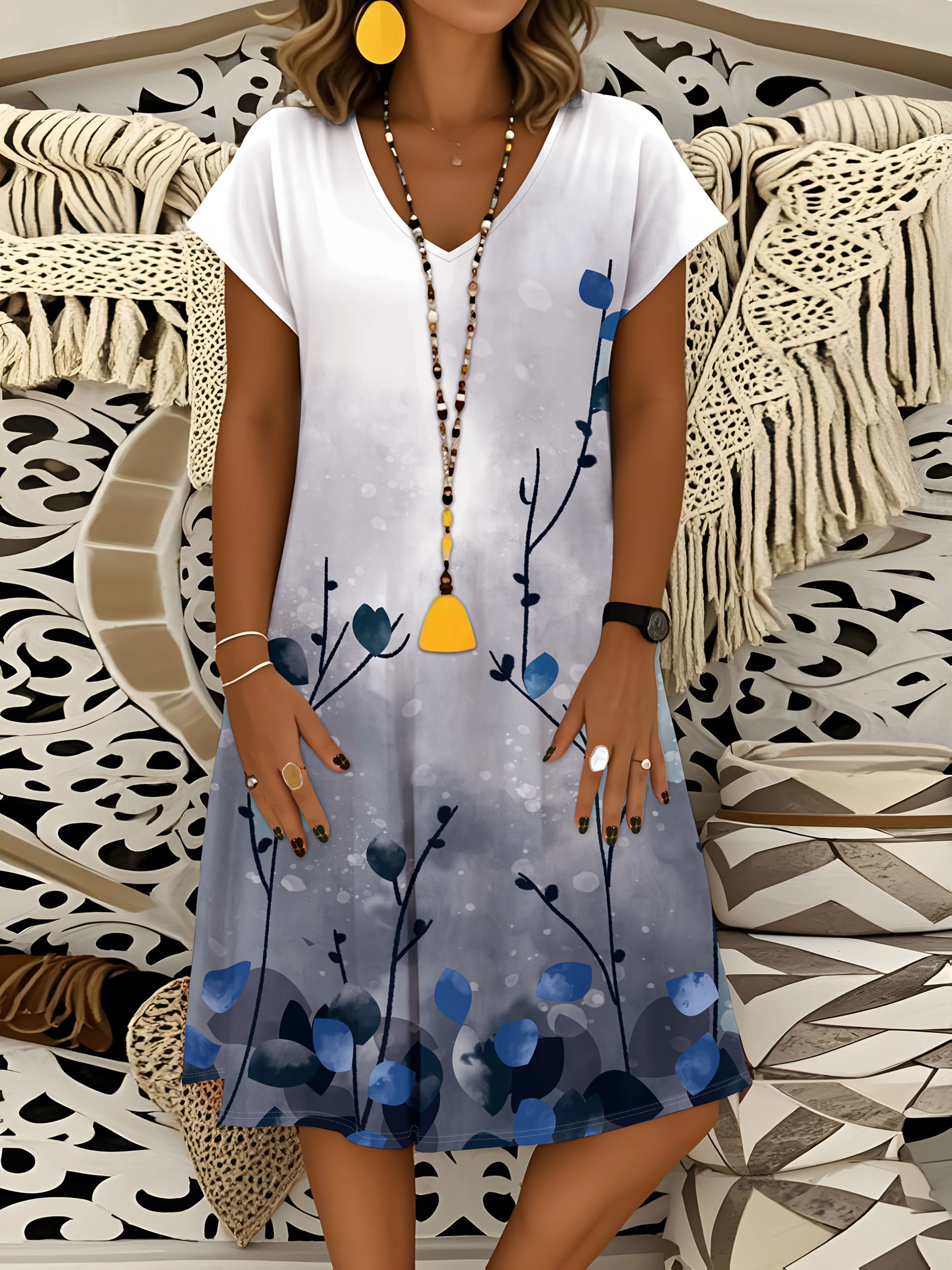 Lässiges V-Ausschnitt-Kleid mit kurzen Ärmeln und Blumenmuster für Damen, blaues Blumenprint, A-Linie, Sommerkleid, leichte Baumwollmischung, figurbetontes Midikleid