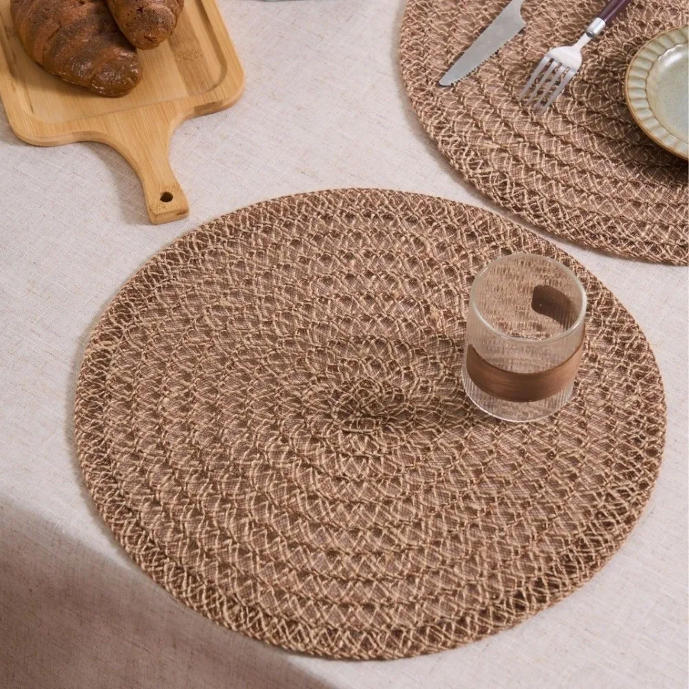 

New Woven Dining Placemats Round Heat-resistant Insulation Mat Boho Style Washable Table Mat For Coffee Kitchen Dining Room