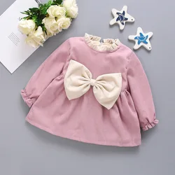 Autumn and Winter New Girls' Plush Dress Children's Corduroy Large Bow Pleated Stand Collar Winter Princess Dress