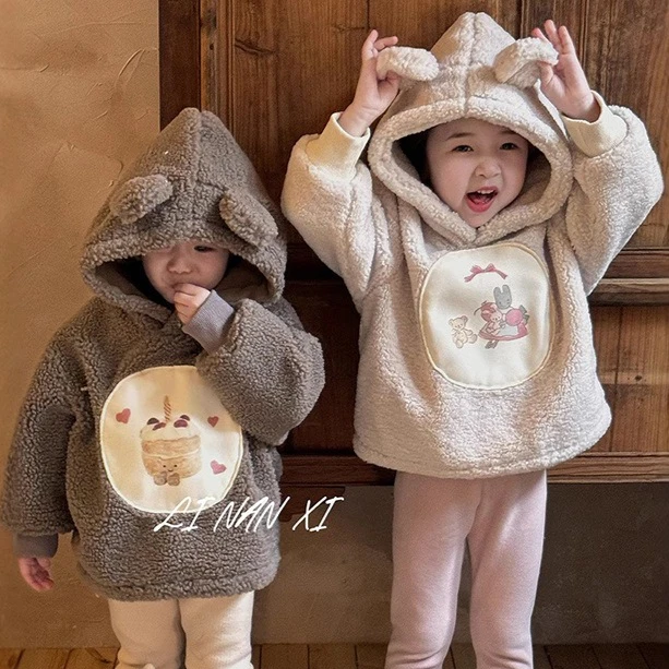 

Girls Coat 2025 Autumn Winter New Children's Clothing Korean Style Girls Baby Cotton Wool Hooded Pullover Plus Velvet Hoodie