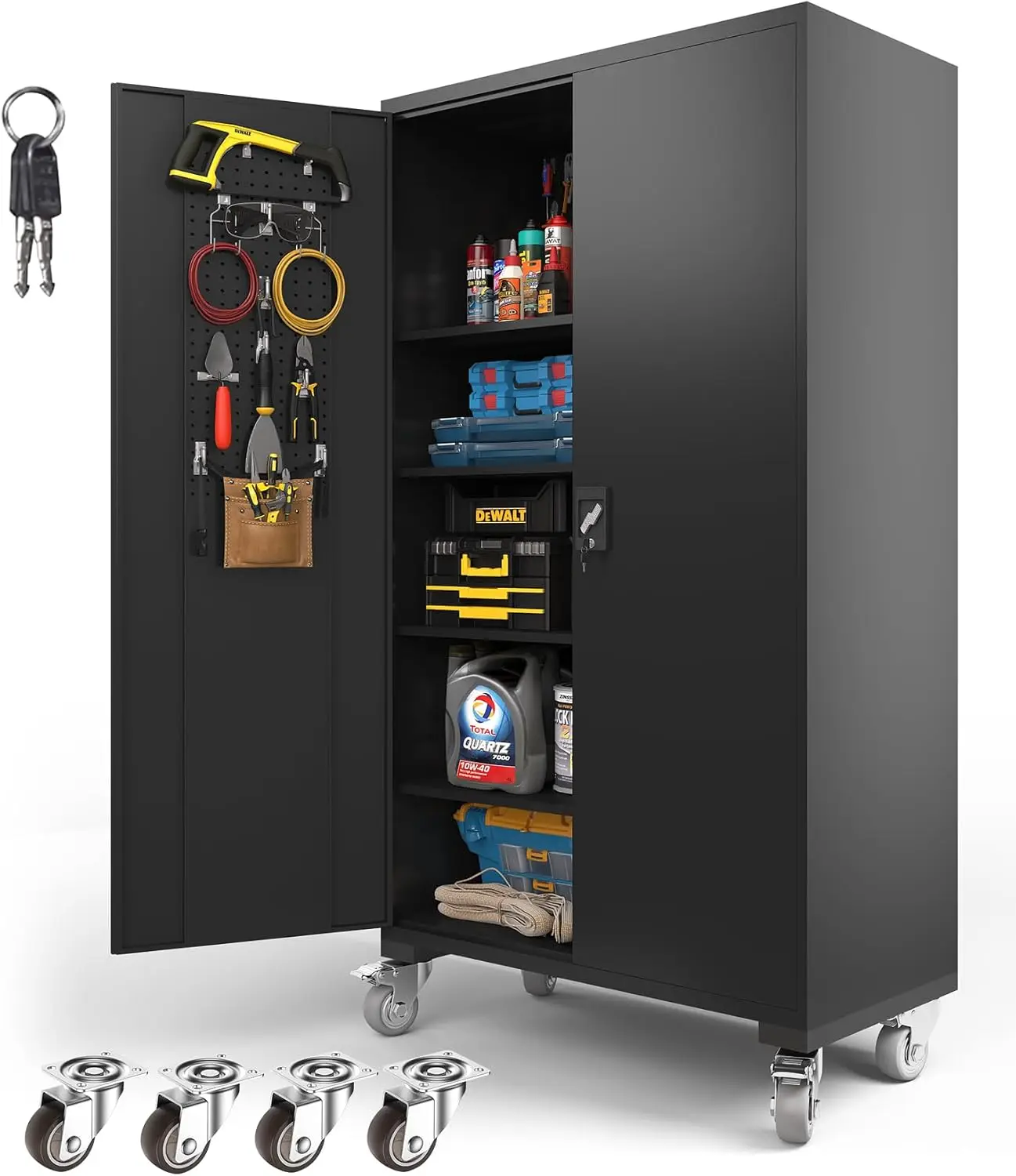 Storage Cabinet - 72 Inch Black Lockable Garage Cabinet with Wheels & 4 Adjustable Shelves  Heavy-Duty