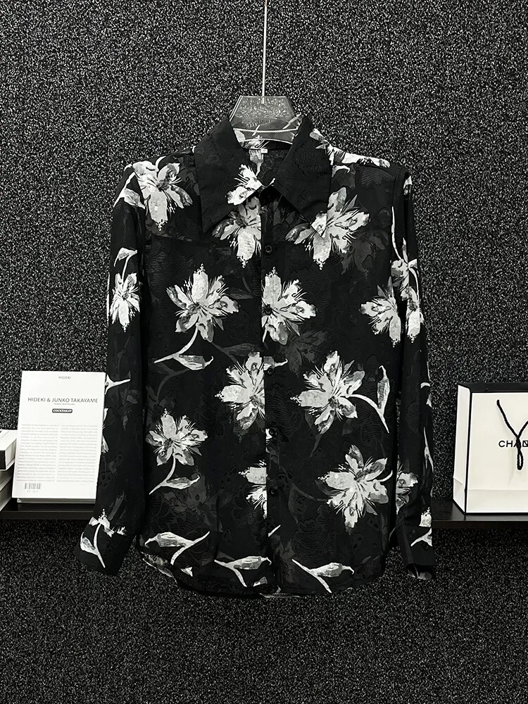 Summer 2024 Mesh Printed Shirts Breathable Sun Protection Shirt See-through Men's Floral Loose Long Sleeve Padded Shoulder Shirt