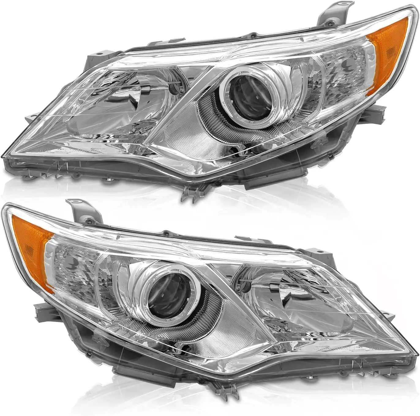 

AS Headlight Assembly for 2012 2013 2014 Toyota Camry L/Se/Le/Xle/Hybrid Chrome Housing Amber Reflector Clear Lens