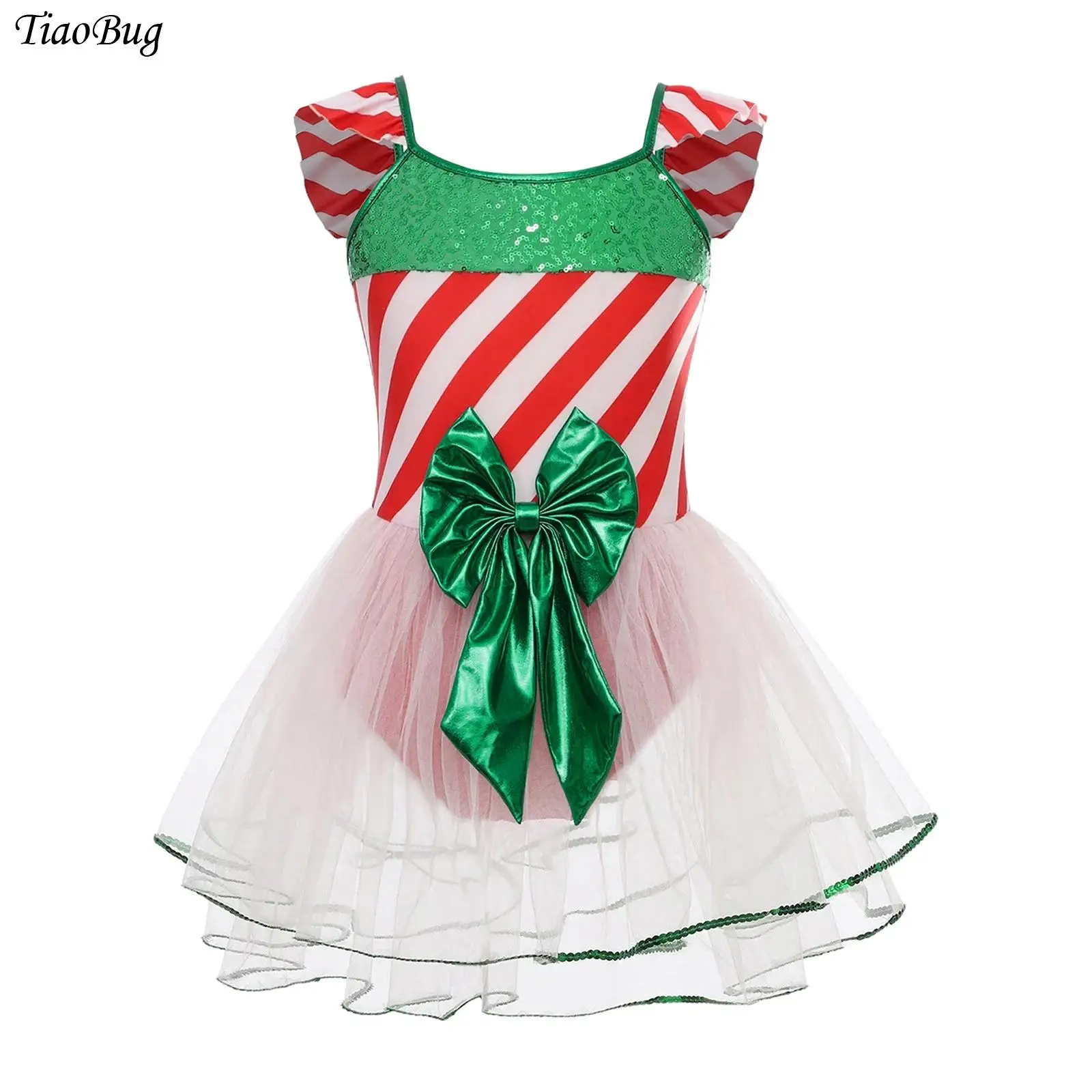 

Girls Ballet Tutu Dress Christmas Candy Cane Mesh Sequin Dress New Year Elf Costume Stripes Bow Gymnastic Leotard Princess
