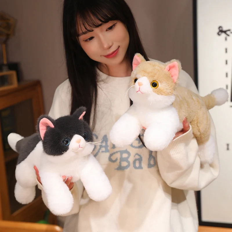 Fuzzy Sounding Like Real Cat Toy Stuffed Soft Grey Black Yellow Cartoon Lying Animal Little Kitten Ladies Gift