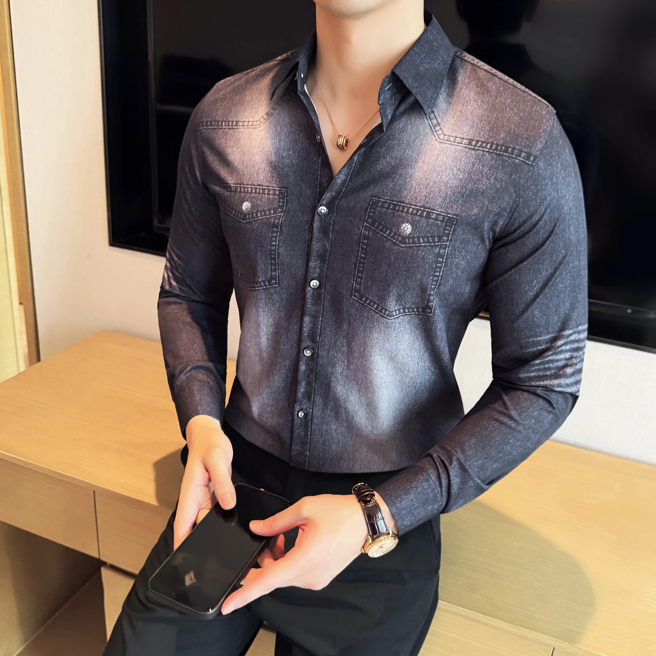 قمصان طويلة الأكمام للرجل الكورية موضة الدنيم مثل سليم صالح الرجال الاجتماعية قميص رفض طوق بلوزة مكتب عادية أوم 4XL