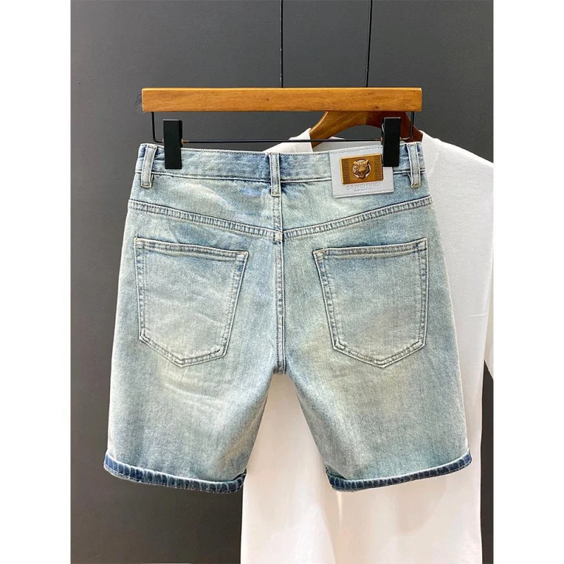 High End Denim Shorts Men\'S Slim Fit Personalized Fashion Distressed Patch Patchwork Printed Embroidery Casual Straight Pants