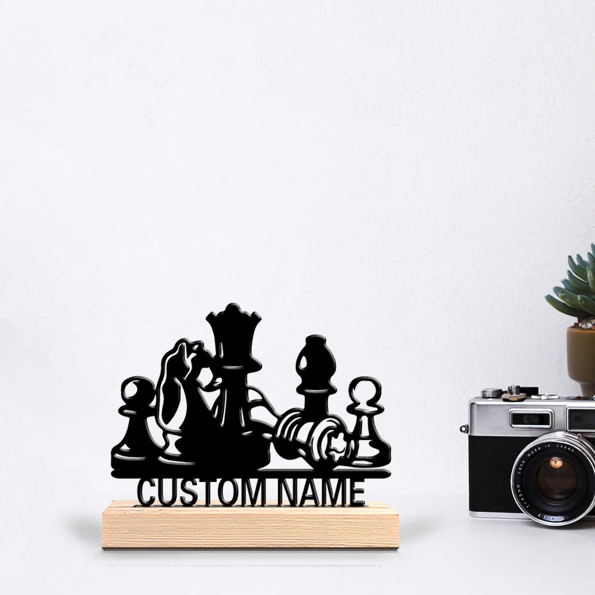 1pc Minimalist chess Custom LetterIron Statue With Wood Base  Art Figurine With Wood Base Metal Statue Study Desktop Decoration