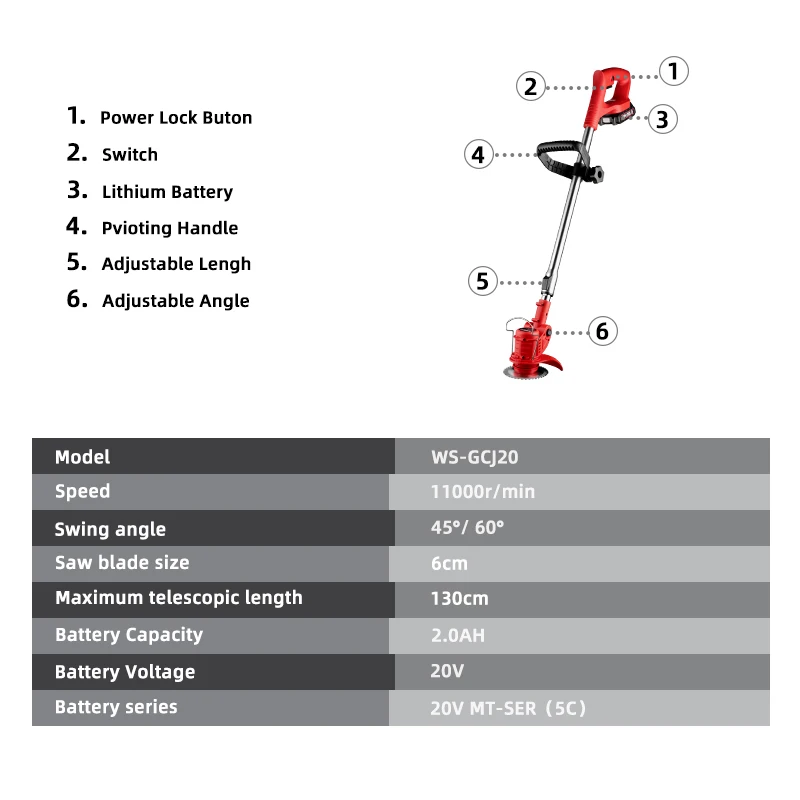 VVOSAI Adjustable Length Telescopic 20V Cordless Lawn Mower 45°/ 60° Angle Adjustment Electric Grass Trimmer Pruning Garden Tool