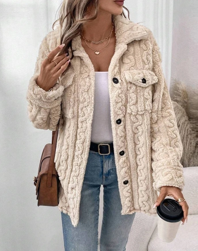 

Winter New Fashion Womens Cable Textured Button Down Teddy Coat Female Daily Clothing Women's Casual Long Sleeve Plain Coat