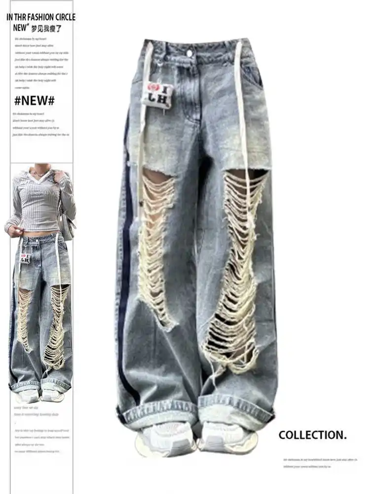 

Summer Women's Jean Baggy Wide Fit Boyfriend Ripped Denim Pants Grunge Punk Y2K Japanese Harajuku Goblin Core 2000s American New
