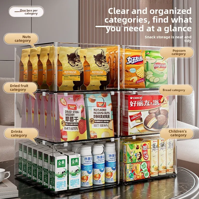 Acrylic Plastic Rectangular Storage Box Kitchen Cabinet Organizer Desktop Snack Mess Sorter Rack Transparent Home Storage Bin