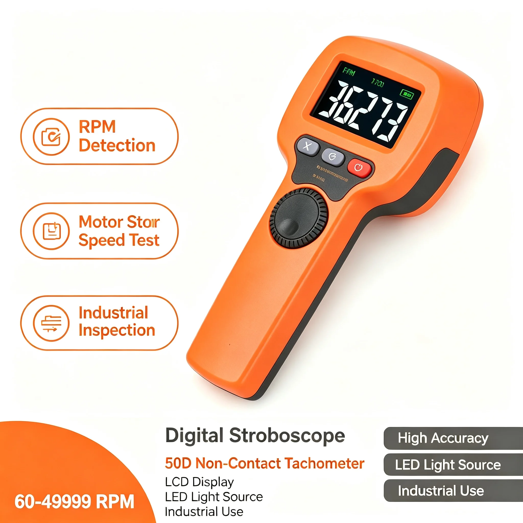 Digital LED Stroboscope Handheld Flash Tachometer 60-49999 RPM Rechargeable Non-Contact RPM Meter for Motor Printing HVAC