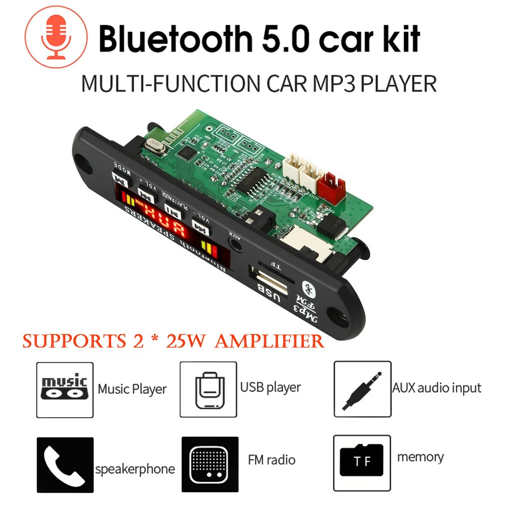 12V 50W Amplifier MP3 Decoder Board Bluetooth 5.0 Car Kit MP3 Player FM Radio TF USB 3.5mm AUX Module