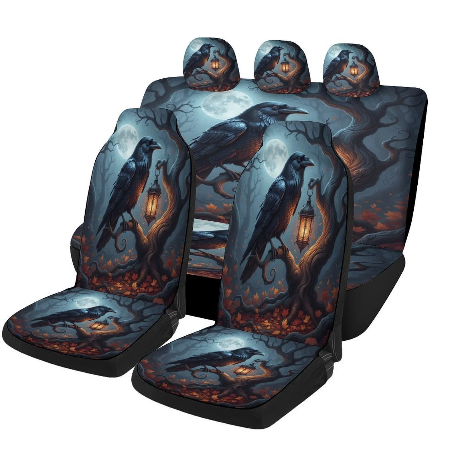 Moonlit Raven & Lantern Themed Car Seat Cover Set - Gothic Dark Fantasy Design With Crows & Lanterns, Fit For Most Cars, All-Sea