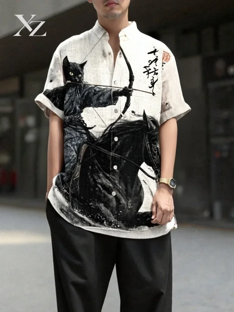Men's Retro Showa War-Horse Black Cat Archer Calligraphy Print Short Sleeve Button Shirt Stand Collar Ancient-Inspired Art Top