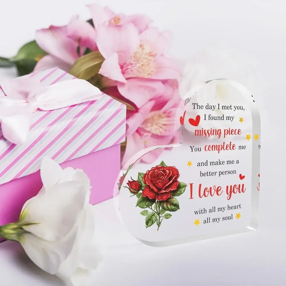 Red Rose Heart Acrylic Plaque I Love You Romantic Couple Desktop Gift,With All My Heart Soul Red Rose Heart Acrylic Keepsake Decor