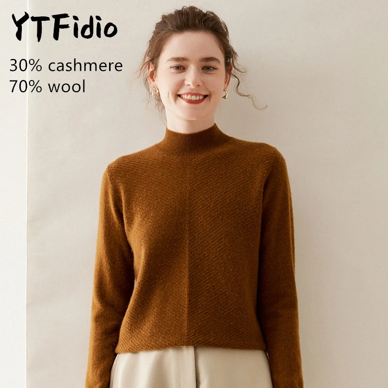 

YTFidio Cashmere Merino Wool Sweater Women Half high collar Mock neck twill Casual Jumpers Solid Knitwear Pullover Tops 109