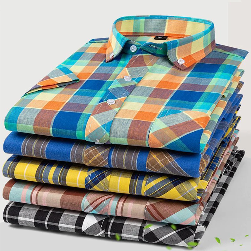 S-6XL Fashion Cotton Plaid Shirts For Mens Short Sleeve Single Patch Pocket Design Young Casual Standard-Fit Thick Flannel Shirt