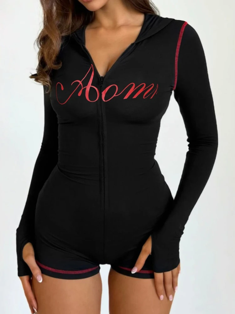 

SsTss Black Hooded Letters Print Playsuit for Women 2025 New Fashion Long Sleeve Zipper Up Slim Fit Shorts Streetwear Rompers