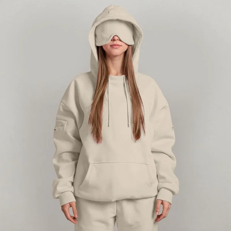 

Chic Hoodies With Eye Mask Solid Color Plus Size Hooded Sweatshirts Women Y2k Clothes Multi-Pockets Casual Oversize Pullover