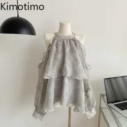 Kimotimo-Blusa estampada con cuello Halter y hombros descubiertos para mujer, Blusa de manga larga con volantes, blusas de gasa para mujer, camisas de playa sueltas suaves coreanas