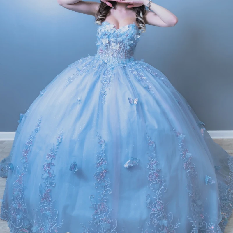 

Customized Sky Blue Quinceanera Dresses Ball Gown Off Shoulder Appliques Bow Beads Tull Sweet 16 Dress Vestidos De 15 Años XV