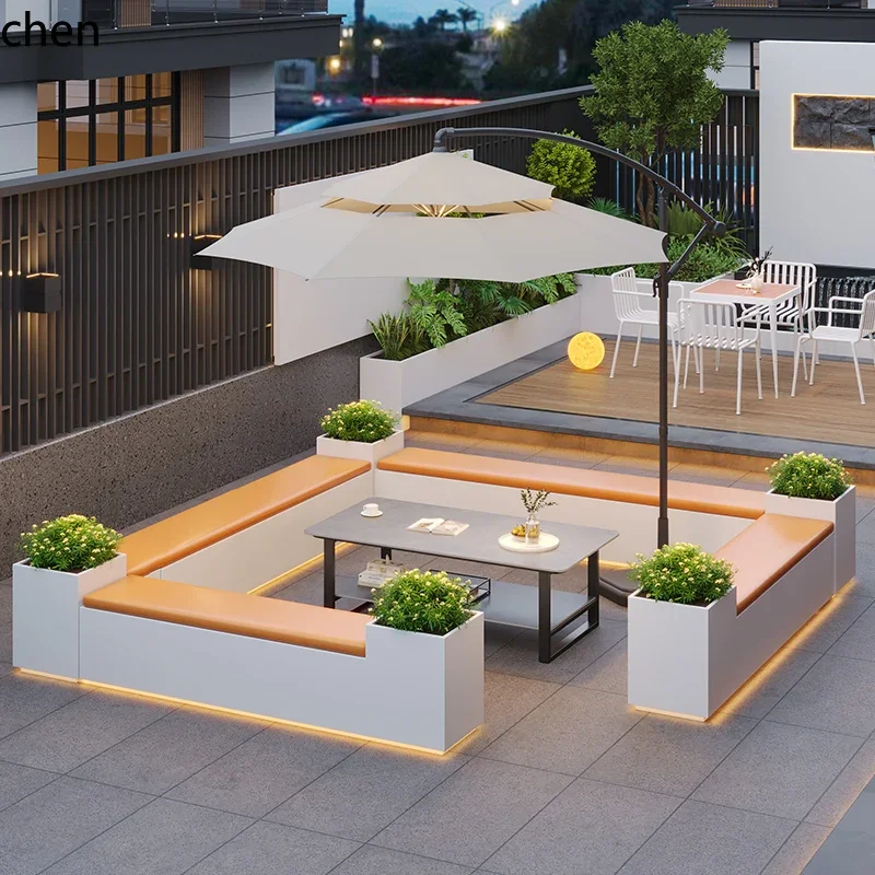 HTT Outdoor Stainless Steel Flower Box and Stool Set Terrace Courtyard Iron Art Planter Box Balcony Partition