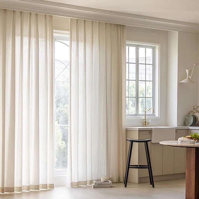 Modern Light Luxury Striped Embroidery Window Screen Thickened Light-Transmitting and Opaque Beige Window Drapes For Living Room