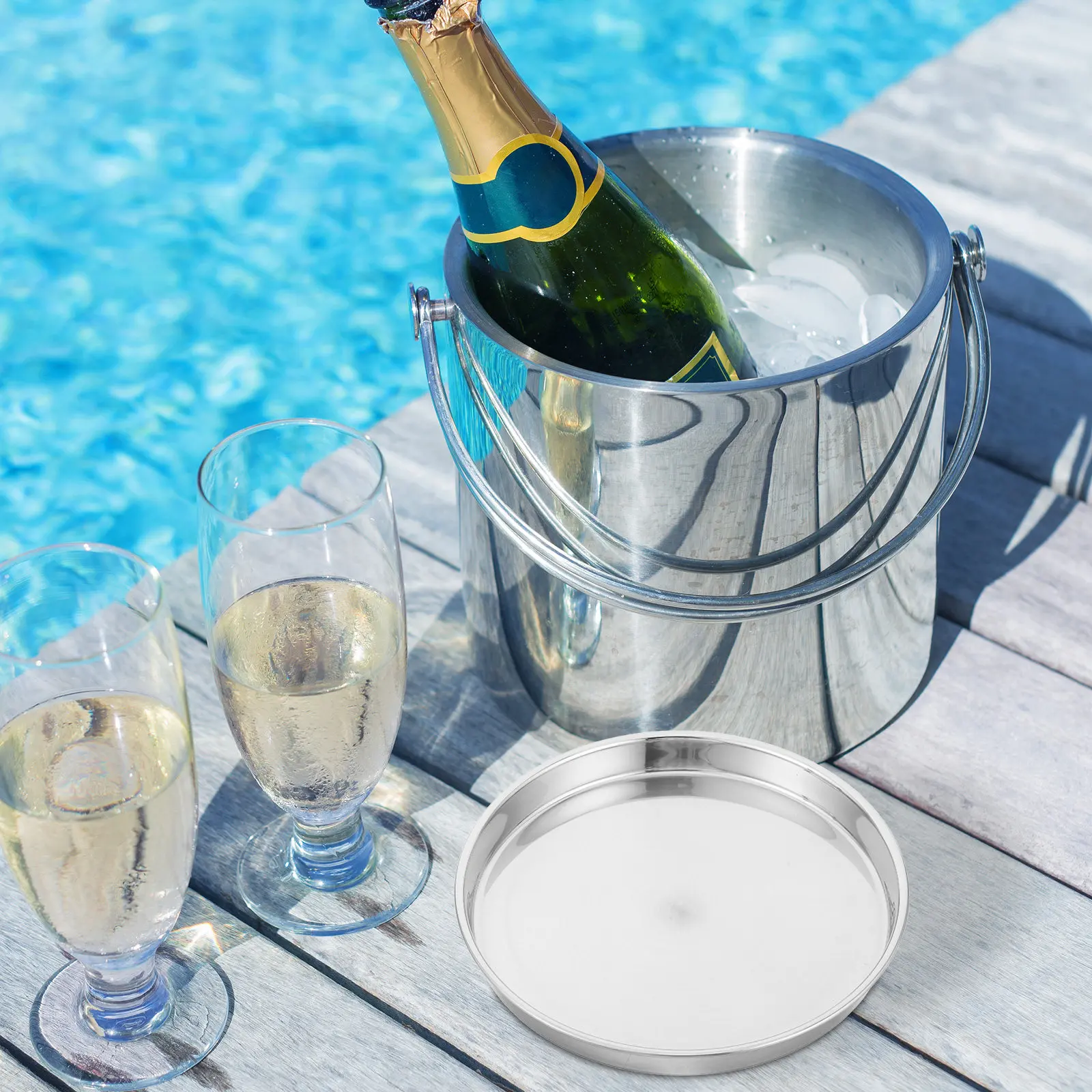 Ice Bucket Drip Tray Stainless Steel Round Flat Drip Tray 8.7in Water Catcher for Bar Party Beer Buckets Ice Tubs Countertop