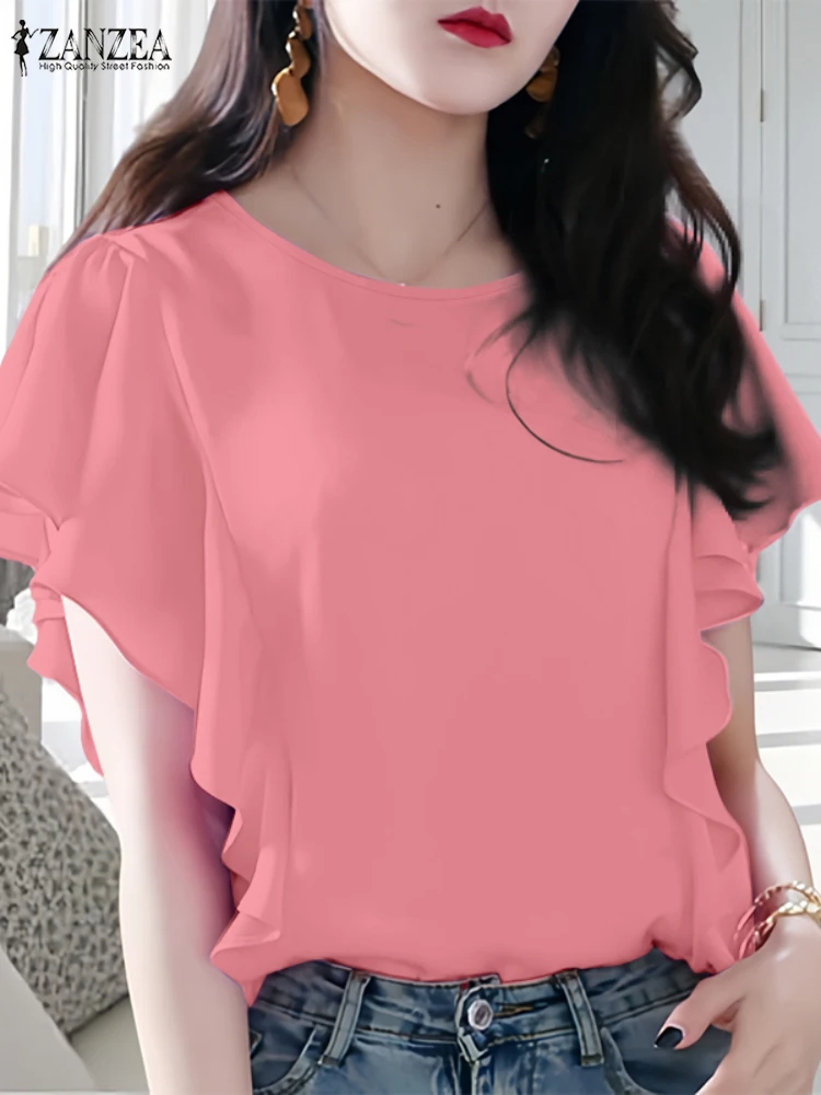 

Summer Elegant Short Sleeve Work OL Blouse 2025 ZANZEA Office Shirt Fashion Women Tops Solid O Neck Blusas Tunic Ruffles Chemise
