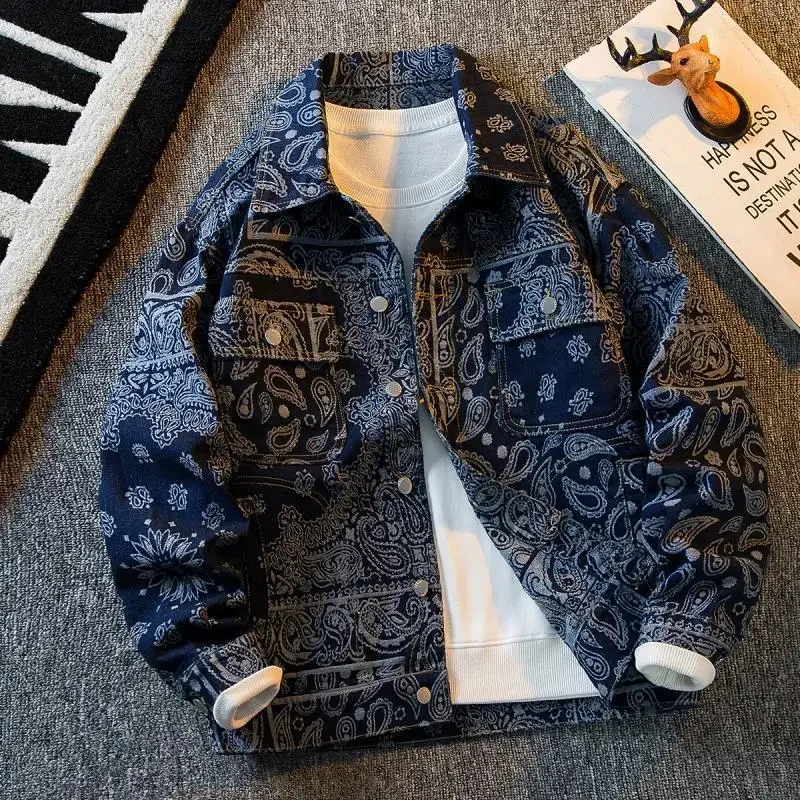 

Autumn Retro Ethnic Style Jacquard Denim Jackets Men's Handsome Loose Casual High Street Workwear Jacket Tops Male Clothes