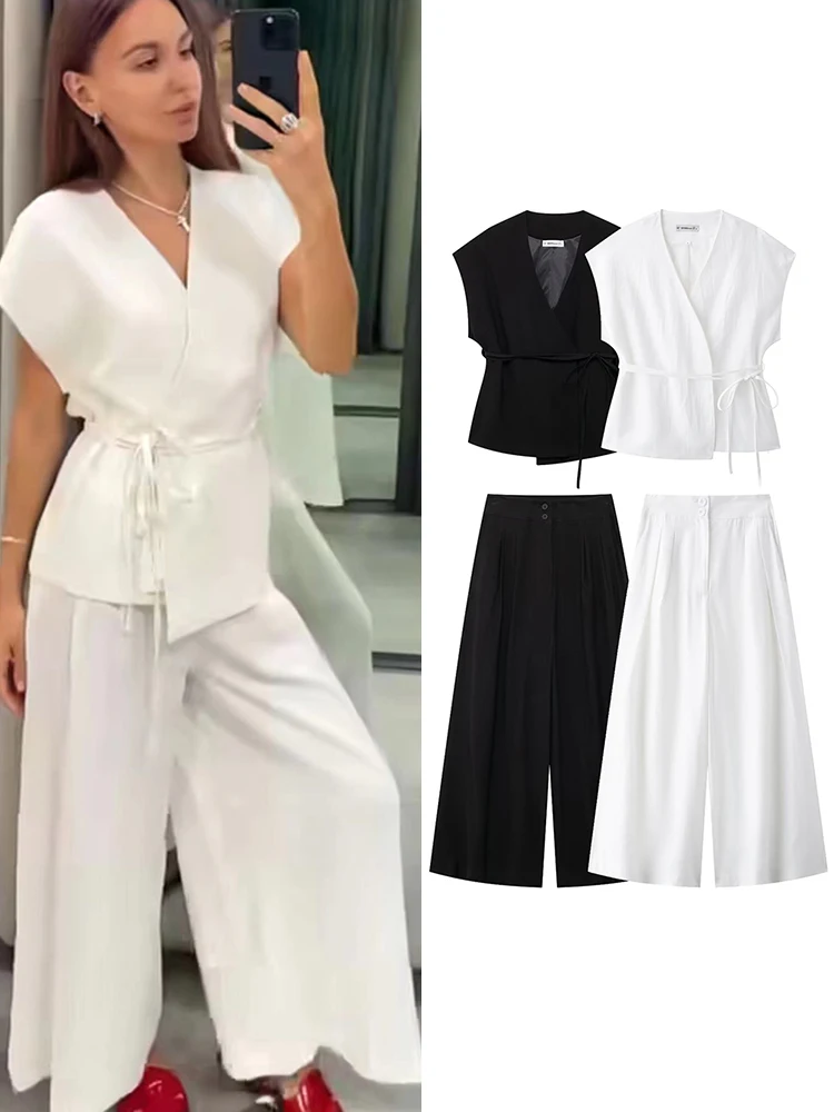 TRAF 2024 Summer Women Tie Bow Blouse Pant Suits Loose Flying Sleeve Shirt Female Wide Legs Pleated Long Pants Set Y2K Outwear