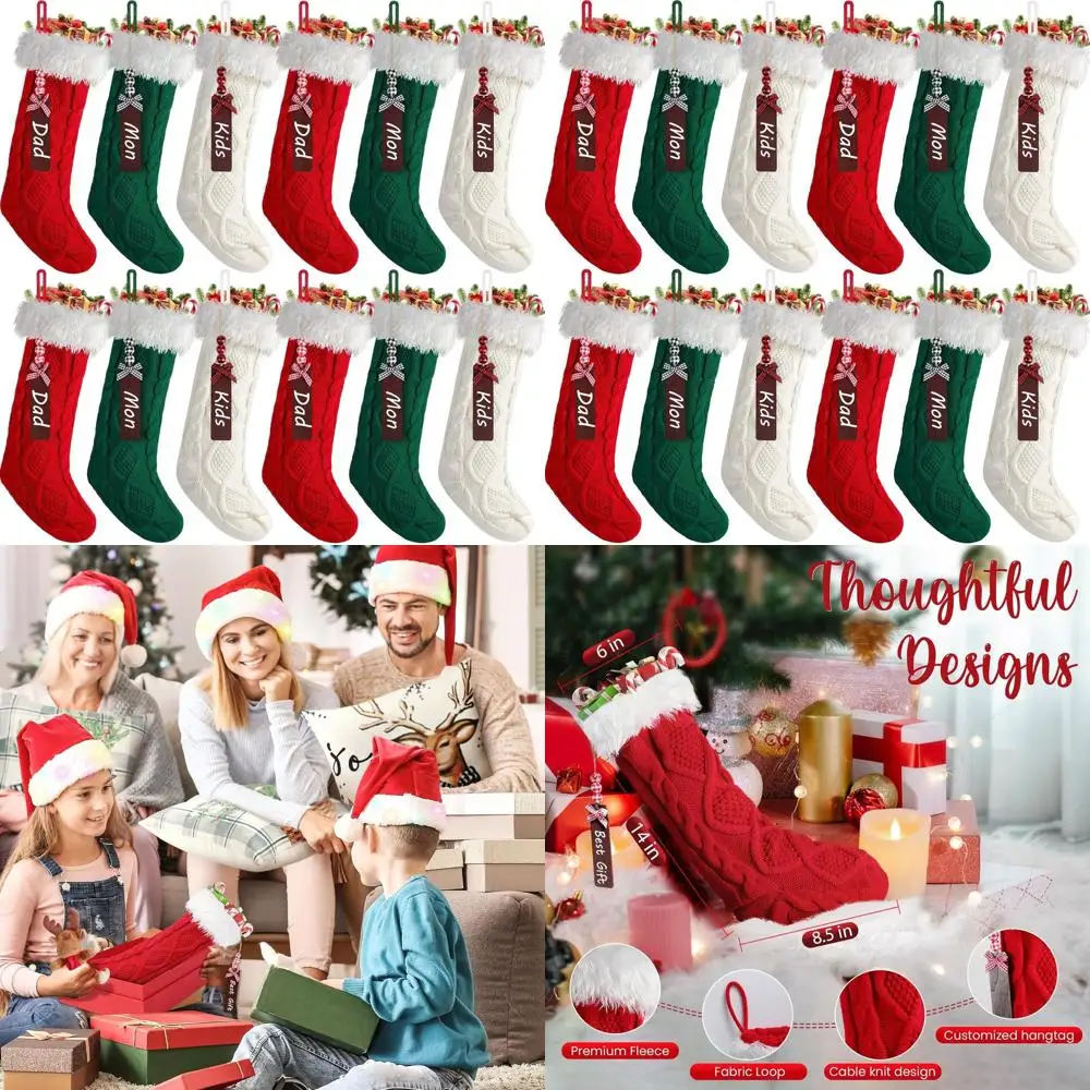 

12 Pack Large 20 Knitted Christmas Stockings with Personalized Tags, for Kids, Ivory, Burgundy & Green