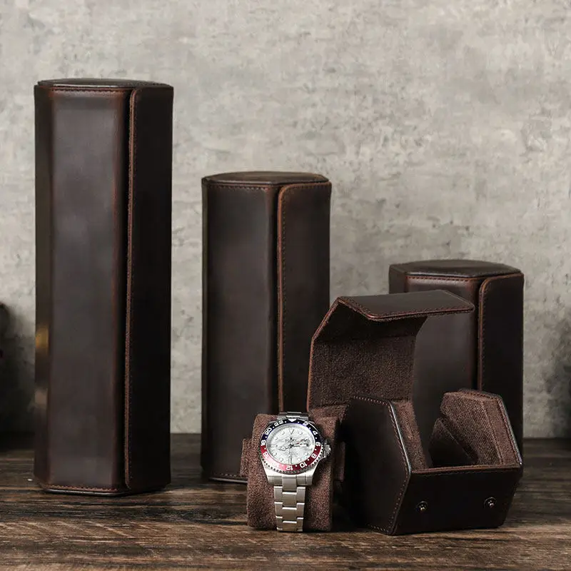 Leather Watch Box, Crazy Horse Watch Case for Men, 6 Slot Portable Watch Organizer for Automatic Watches
