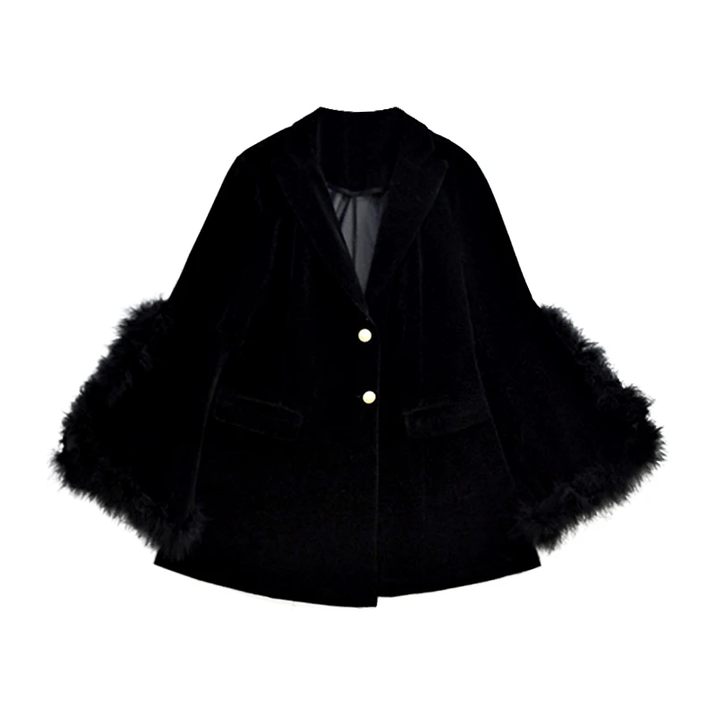 Fur Feather Cuffs Long Sleeve Blazer Dress Women Black Winter Velvet Elegant Night Club Party Jackets Streetwear Slim Thick Coat