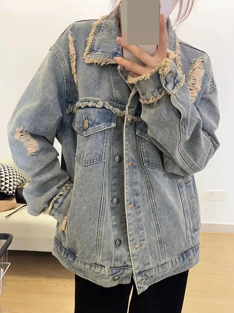 

Retro raw edge vintage denim jacket Women's Spring and Autumn loose casual Long sleeved jacket Top trend