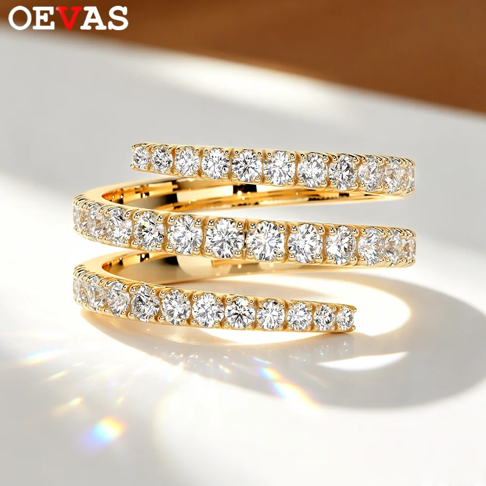 OEVAS Full Moissanite Ring for Women S925 Silver Plated 18K Gold Gradient 3 Rows Open Wedding Eternity Ring Stackable Jewelry